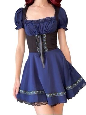 Widow Spell A Song Underbust Mini Dress Blue Black Cottagecore Goth Size S